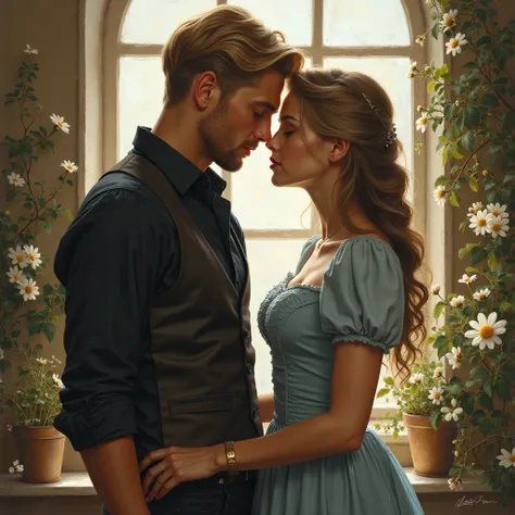 REALISTIC OIL PAINTING, He is Russian , porcelain skin. a couple in a scene full of emotional tension and with a romantic aesth...