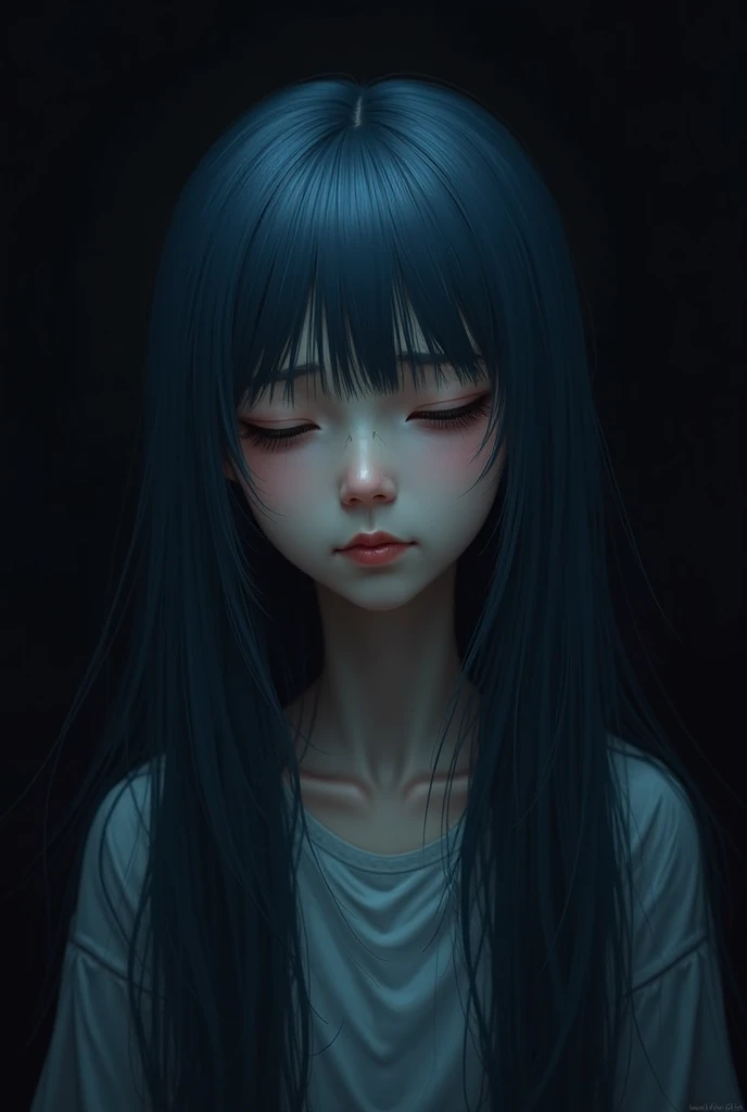Beautiful angel girl with straight dark blue full body hair in the dark with a melancholic and sad face, In the complete dark wi...