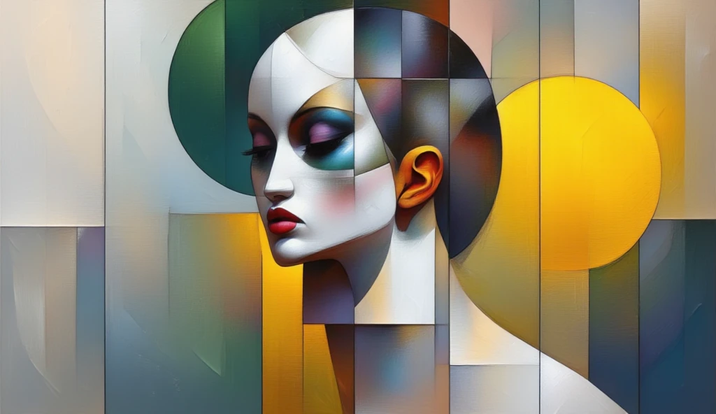 misaligned human face, outdated, with fine brush strokes and a pastel palette: white , Military green , negro, gray , beige, M...