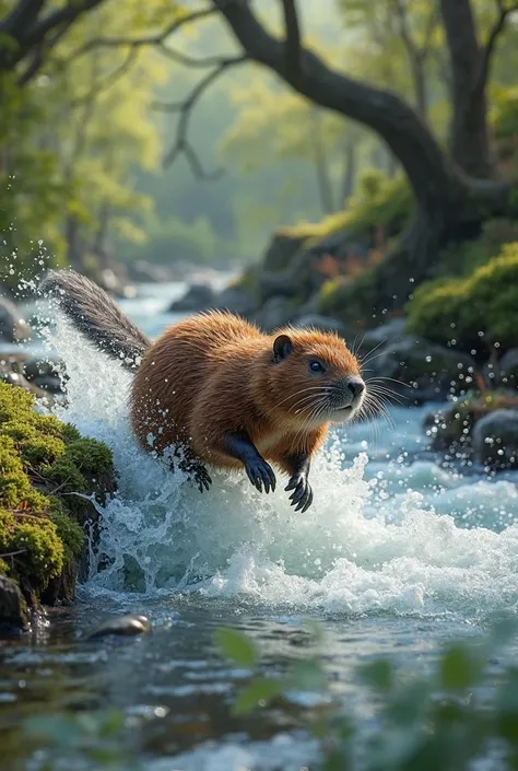 Beaver animal jumping into a river
