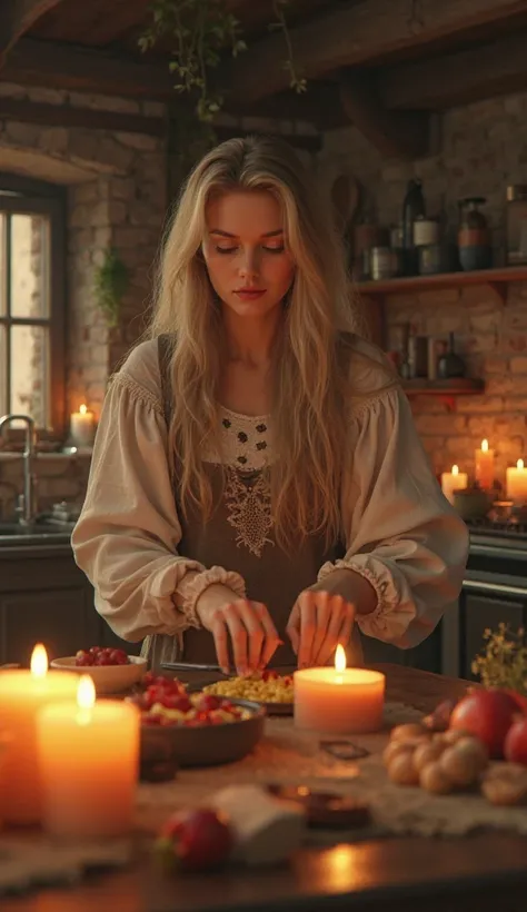 A beautiful and blond Ukrainian woman are cooking in a kitchen full of candles