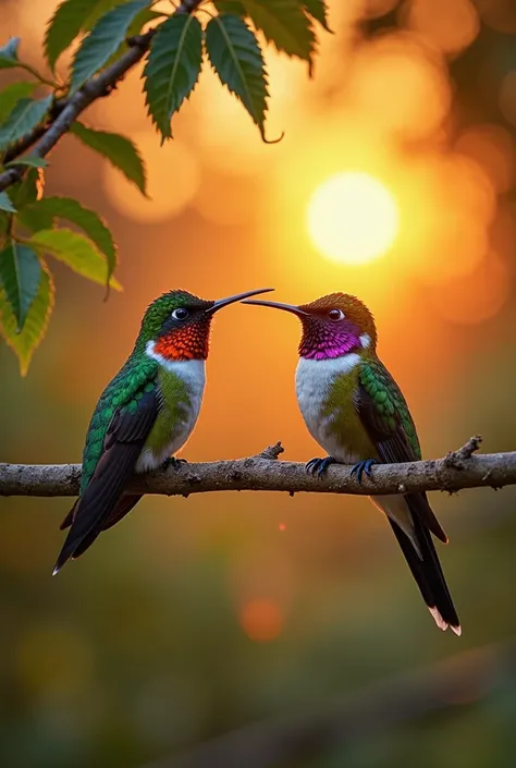 In a beautiful leafy tree with very thick rays, two spectacularly colored hummingbirds, beautiful looking at each other at a bea...
