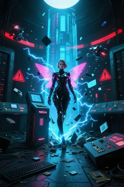 A powerful female cybernetic warrior (NEXA) emerges from a ruptured holographic data terminal in a massive futuristic control ro...
