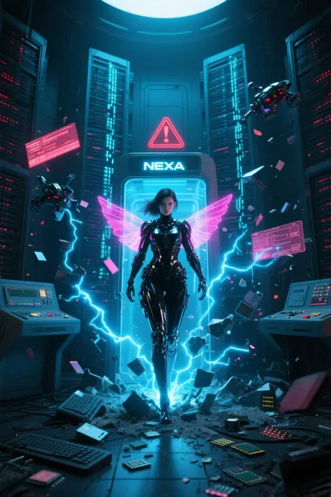 A powerful female cybernetic warrior (NEXA) emerges from a ruptured holographic data terminal in a massive futuristic control ro...