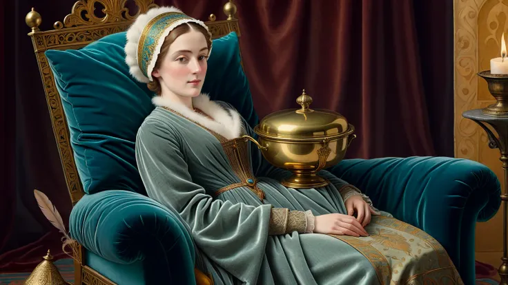 A Victorian lady wearing a soft fabric night cap, her head gently wrapped as she reclines in a velvet-upholstered chair, a brass...