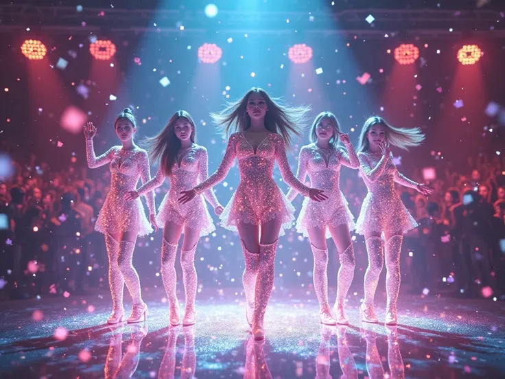 Holographic pop idols break through a karaoke app mid-performance, surrounded by pixel confetti and flashing lights.