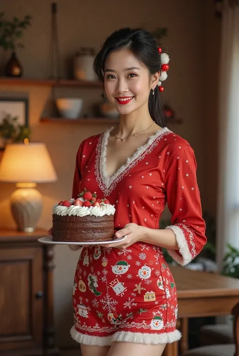 Chinese married mother,Forty-,Beautiful appearance,Busty mature,Big breasts, big butt,wears a Christmas-style miniskirt,Holding ...