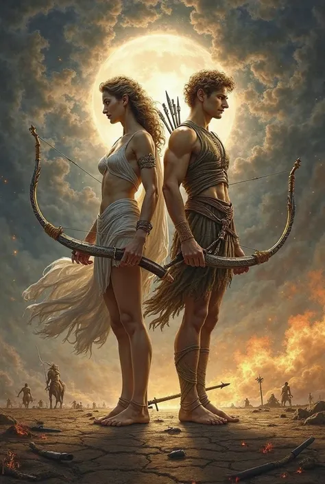 Image Description for Drawing:
Artemis and Apollo stand back-to-back in the midst of battle, their forms poised and powerful ag...
