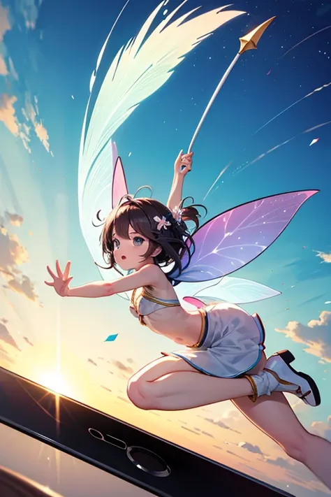 A fairy pops out of the smartphone screen held by the protagonist、Fairies are flying towards here、anime