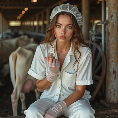 A sexy milker works in a dairy, she is wearing white work clothes ,white wellies, white rubber bibs ,a hairnet and transparent w...