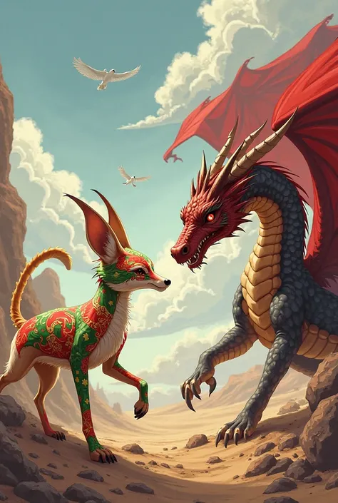 A fennec fox with the Algerian flag and a dragon with the Turkish flag ready to fight