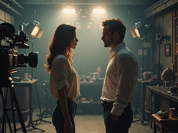 woman and guy standing in front of each other in shirt and pants on a movie set