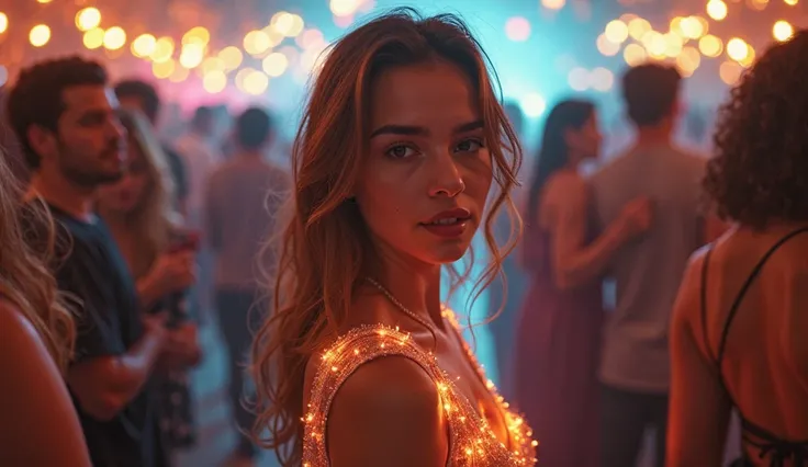 A girl in a crowded party sensing invisible waves from people around her. Her aura is open, glowing, while others wear masks of ...