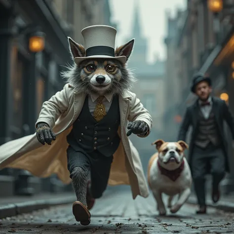 furry wolf , Professor Moriarty , A comical and lovable villain with a monocle, amonocle , white top hat, and a white cape
, Esc...