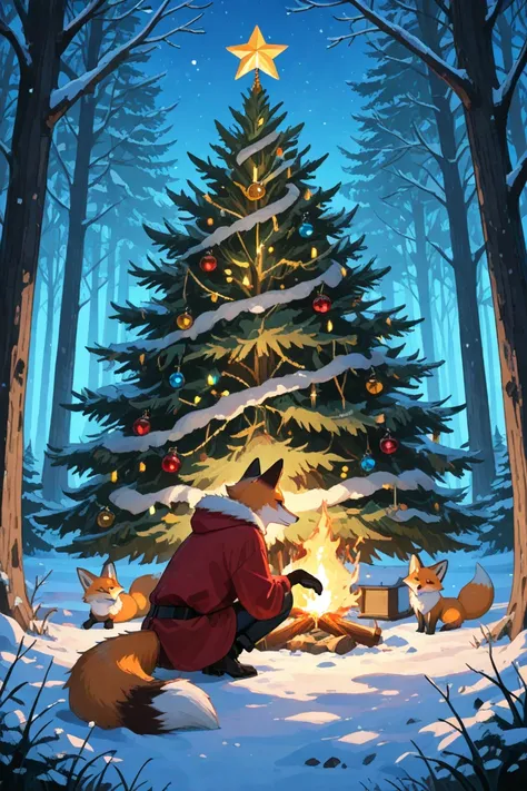 A fox holds another fox by the paw in a dark forest of Christmas trees and other trees