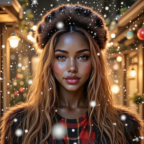 bi-racial woman with honey blonde hair and detailed brown eyes, wearing a fur coat and a fur hat, smiling, happy attitude, outsi...
