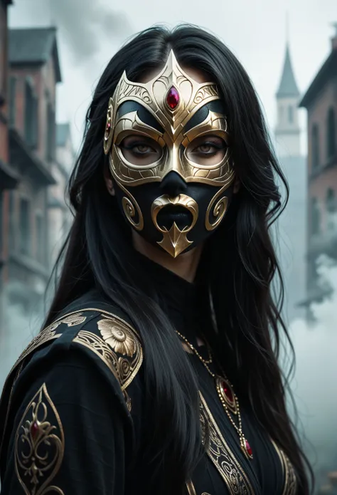 Golden masK on full head, (black line on centre of the mask), ((the mask closed full face, on mask only one blacl lone, without ...