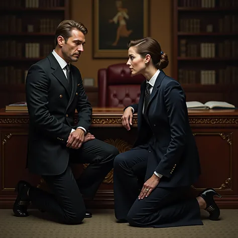 realistic photo, rich young European guy kneels in front of his secretary, office in the background