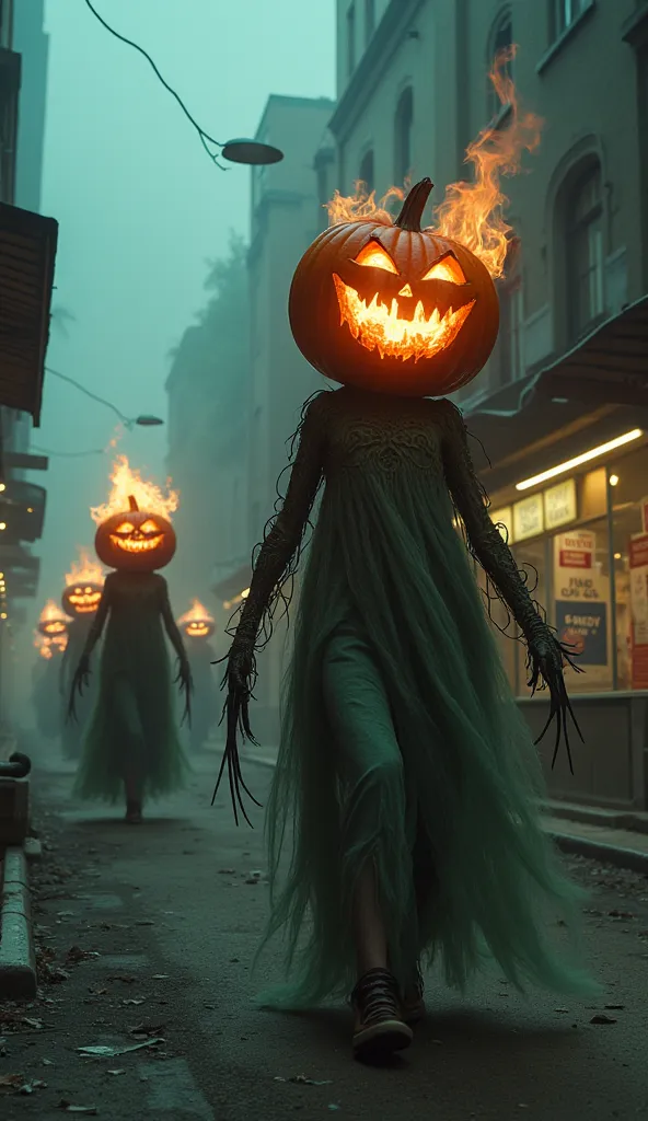 A parade of ghostly entities with heads of hollow pumpkins filled with fire, spiraling seashells, and shattered TV screens, thei...