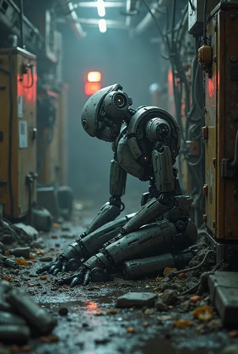 Sudden alarm lights flashing — humans detected. The robot hides behind broken machinery, showing fear-like behavior.