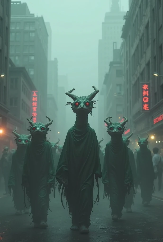 Give me a list of prompts for generating surreal images that feature a group of grotesque, surreal creatures walking through a f...