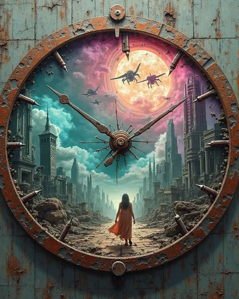 A circular canvas depicting a surreal, acid-etched clock, its edges corroded as if melted by time, with intricate, rusted gears ...