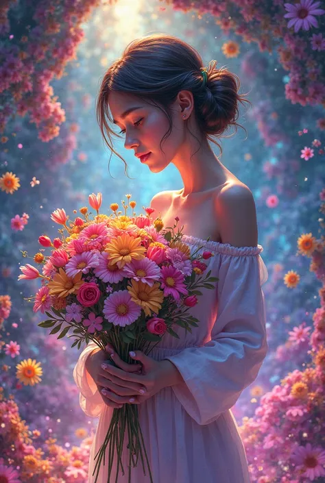 Une femle qui tiens un bouquet de fleurs dans une ambiance psychédéliques en version animé