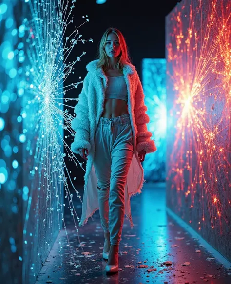 Catwalk model breaking through a digital barrier in "Break the Screen" themed fashion, structural garments with shattered glass...