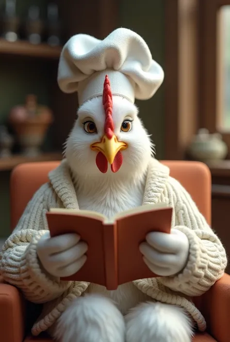 White chicken cook with chef's cap and luxury knitwear in 3D reading a plush magazine