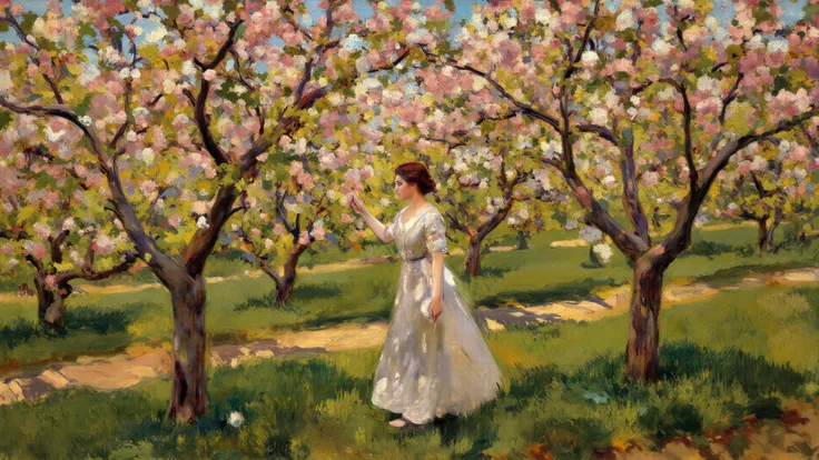 32. A woman walks through a spring orchard alone, one hand gently grazing the blooming branches as she stares down at the ground...
