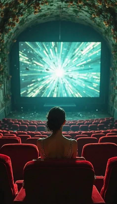 "Inside a floating, decaying retro movie theater suspended in a cosmic void, a single mysterious woman sits alone in a velvet re...