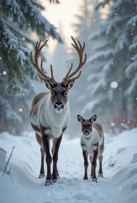 "Cinematic wildlife 8K photo of a reindeer mother walking with her baby through a serene snowy forest. Snowflakes drift gently t...