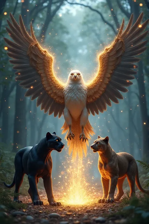 "In a mystical forest clearing, a panther and an eagle stand opposite each other — the panther sleek and powerful, its muscles r...