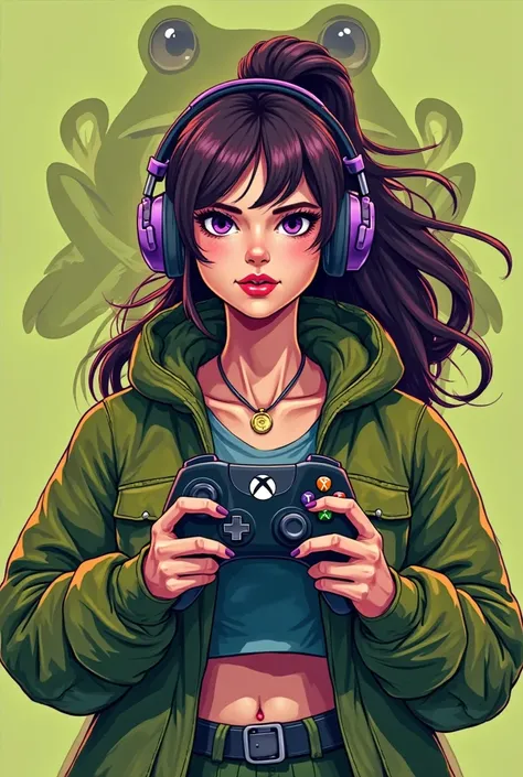 Ranita gaming woman in olive green, with an Xbox controller and purple headphones for a logo that shows a frog in 2D