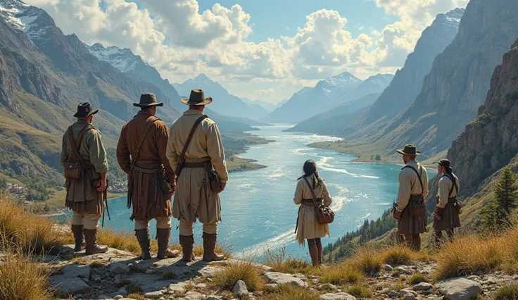A dynamic scene of Lewis and Clark standing on a riverbank, looking out at the vast wilderness ahead, with Native Americans in t...