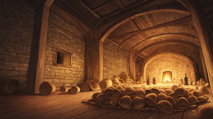 Prompt 2: "Inside the grain vault, overturned sacks spill flour like snow, and a wooden chest sits open with a trace of barley h...