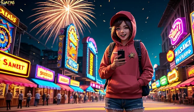 A cheerful young modern adventurer, stylish casual hoodie, cap, with backpack, holding smartphone showing vibrant slot video gam...