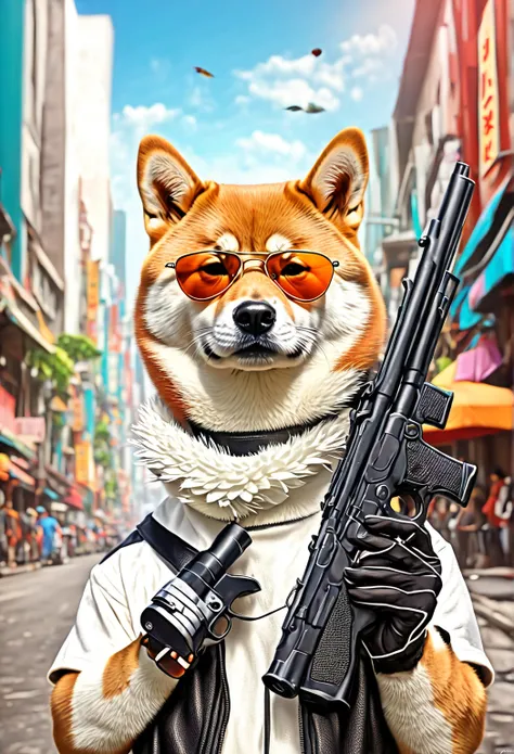 (kualitas terbaik, resolusi tinggi, fotorealistis:1.37), keren, Shiba Inu wearing sunglasses holding a gun, feather detail and a...