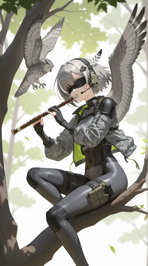 BREAK outdoor, sitting on tree branch, playing flute, Chinese flute, wooden flute, windy, day time
looking forward, best quality...