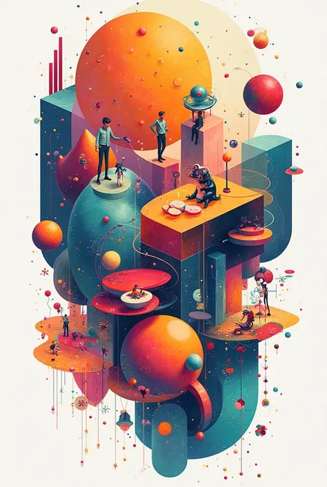((Simple geometric design)), bright futuristic colors, people, animals, etc. Description: simple geometric design, bright futuri...