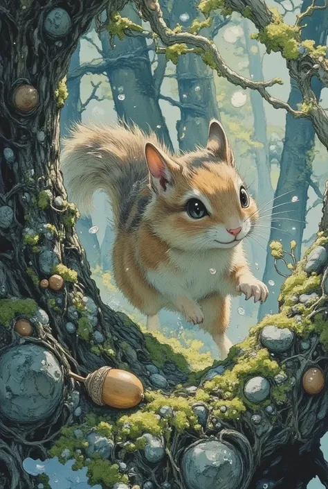 An enchantingly vibrant scene unfolds as an acorn races through the elements, pursued eagerly by a chipmunk. The dynamic lightin...