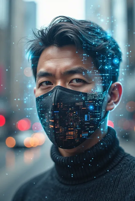 A nyc TikTok profile picture of a tech guy whose head is outside a mask overlayed picture
