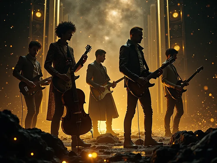 Create a cinematic poster with,The color of glass, black, and gold、pop music elements、The advent of musical instruments