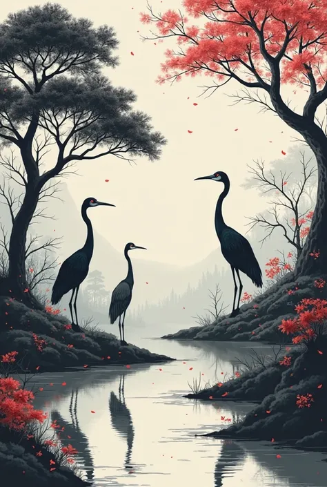 A Japanese landscape with herons and trees with a white-black color palette and touches of red