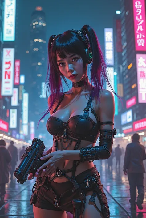 Beautiful big and pigtails Japanese girl in skimpy cyberpunk dress with futuristic gun listening to music on headphones in dyst...