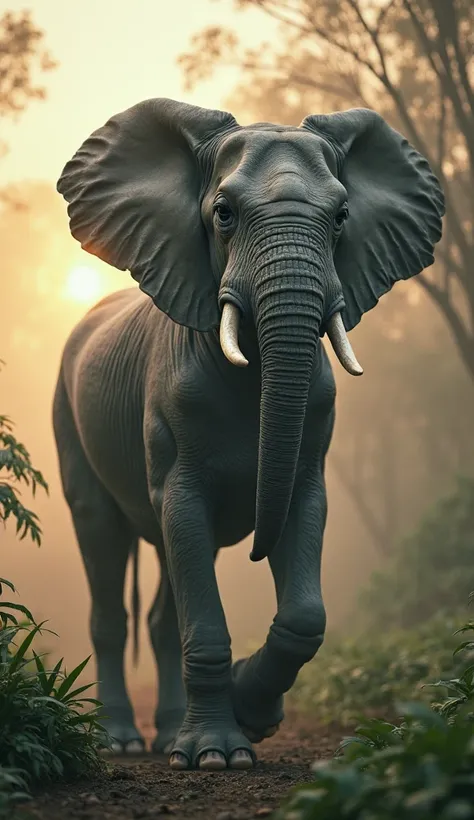 "A majestic hybrid creature combining the body of a powerful horse with the head and ears of an elephant, detailed textures of s...