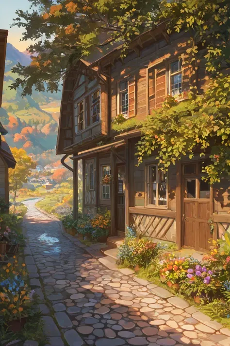 a small village by the river, mountains in the background, floral flowers colorful, detailed landscape, Beautiful natural landsc...