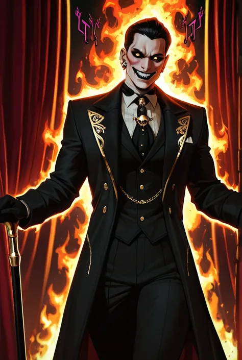 **A charming villain standing confidently in a dark, luxurious setting — dim candlelight, velvet curtains, golden accents, ...