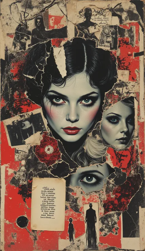 film(1929), directed by Luis Buñuel, Surreal retro collage artwork composed of cutouts from vintage horror magazines, chaotic an...