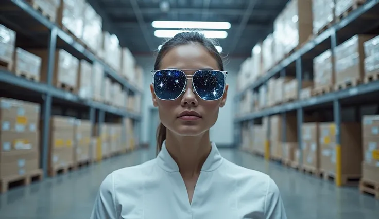 The model is wearing glass sunglasses with stars and the moon on thePrompt:
An ultra-modern, high-security warehouse interior — ...